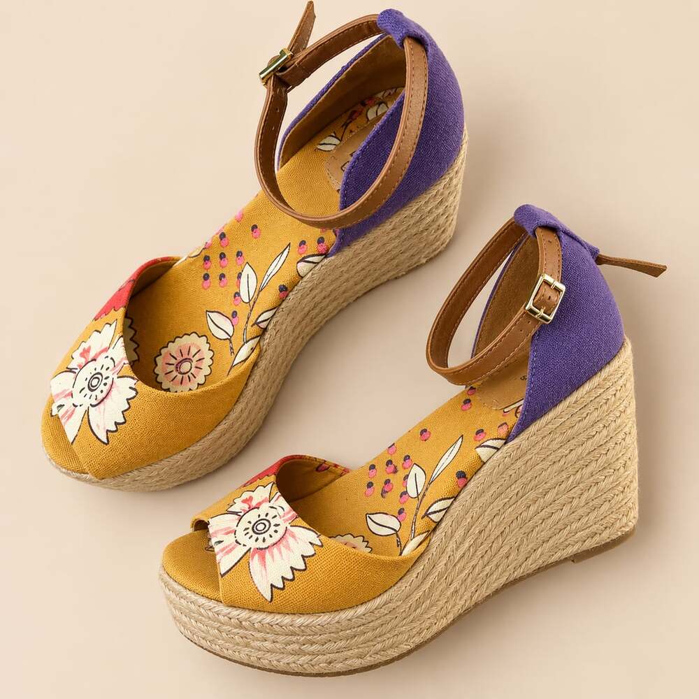 Tory Burch Floral Canvas Espadrille Open Toe Platform Wedges (g1)
